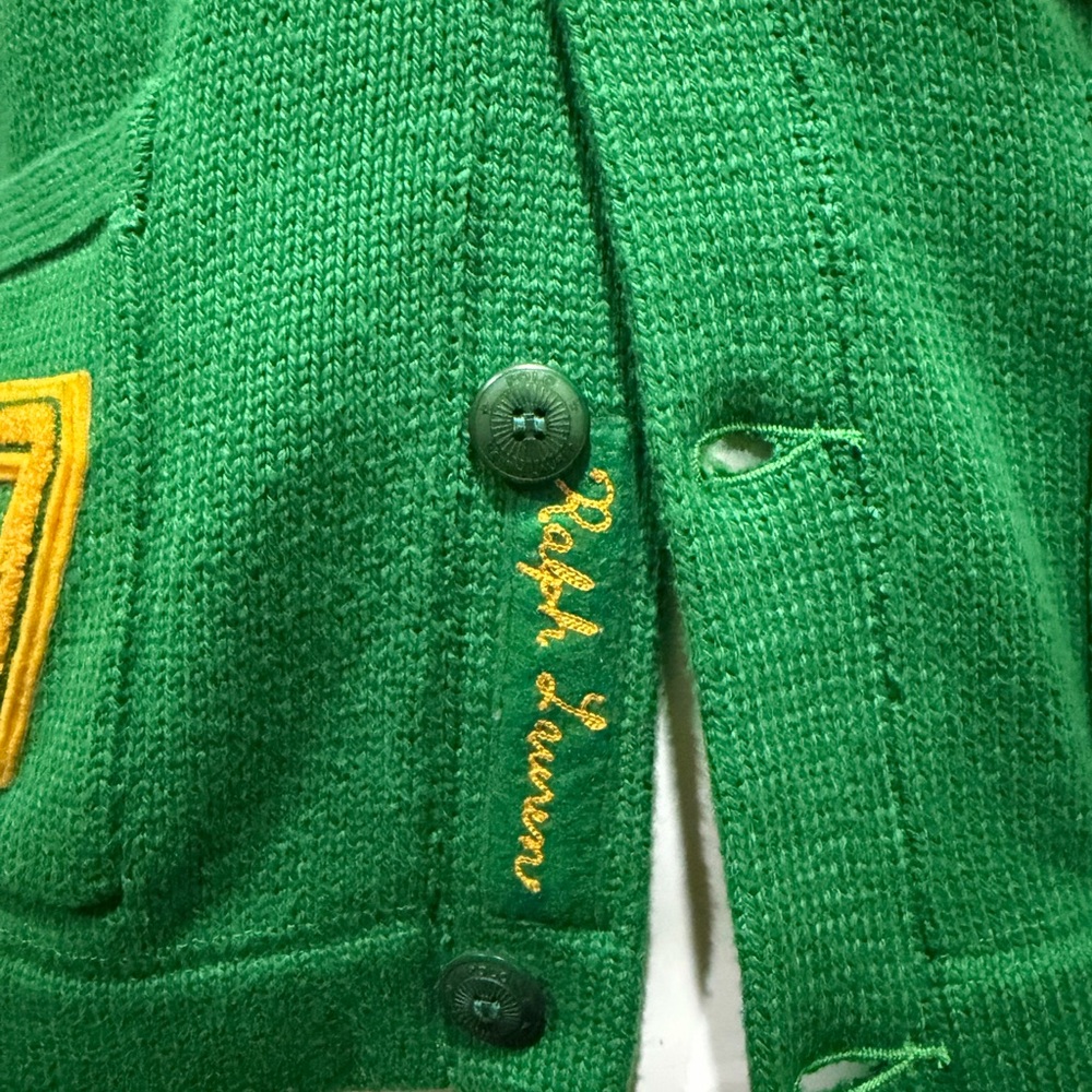 NEW POLO RL Green Cardigan with Yellow Letter P Patch - Picture 6 of 9